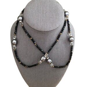 Vintage Crystal Faceted & Glass Jet Bead Opera Length Necklace - Whimsigoth 33"